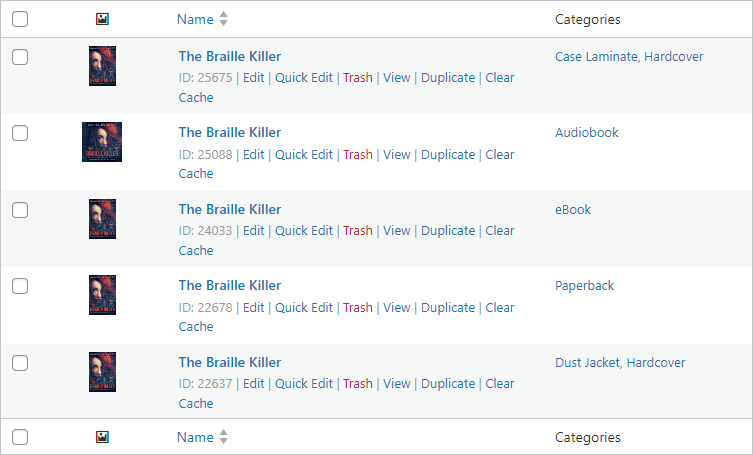 Screenshot of Products list.
