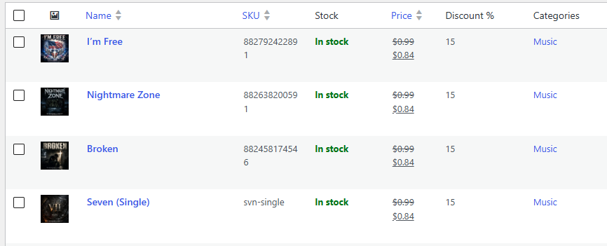 Screenshot of Products list.