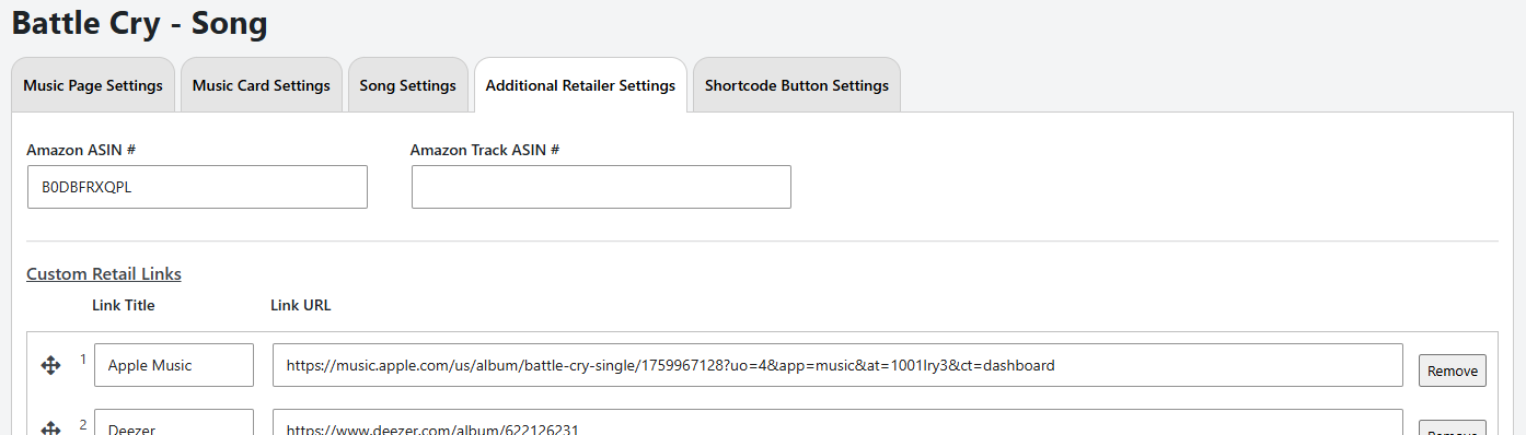 Screenshot of the Additional Retailer Settings tab.