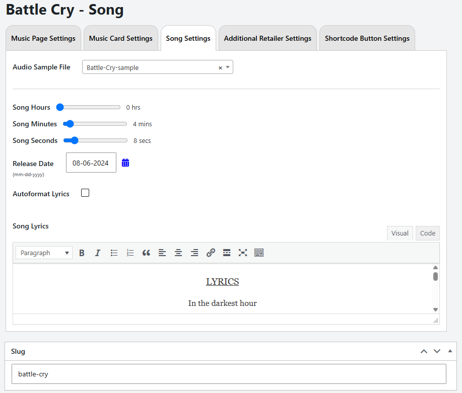 Screenshot of the Music Song Settings tab.