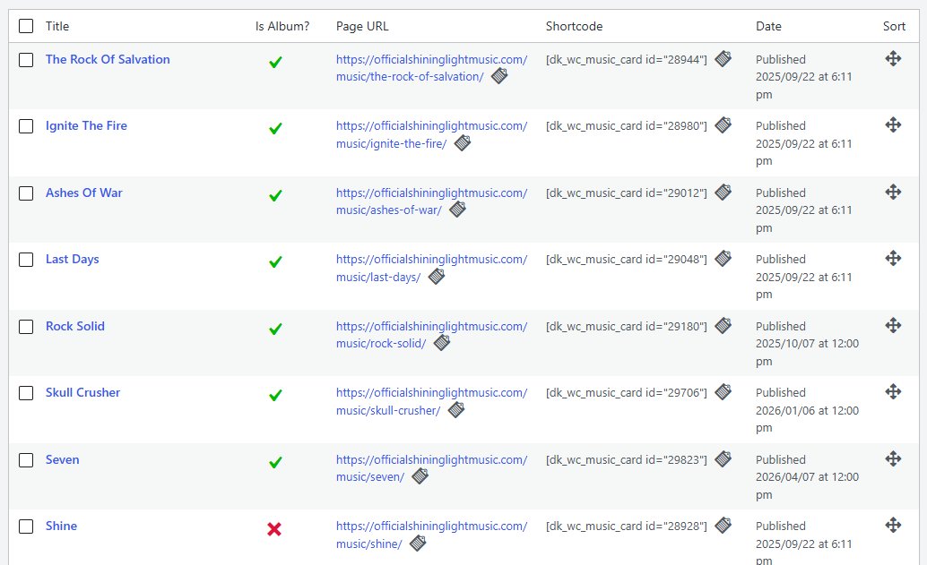 Screenshot of the Music list page.